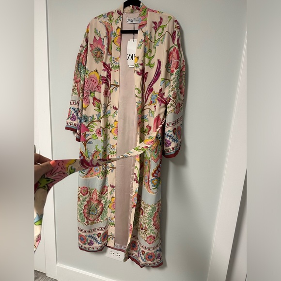 NWT ZARA Floral Printed Long Kimono Belted Beach Boho Style Pink Size XS - Picture 9 of 16